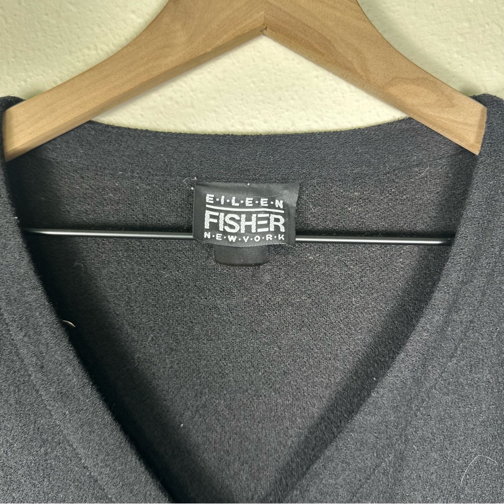 Vintage EILEEN FISHER Chic Quiet Luxury Black Wool Button Front Cardigan Sweater - Picture 2 of 6